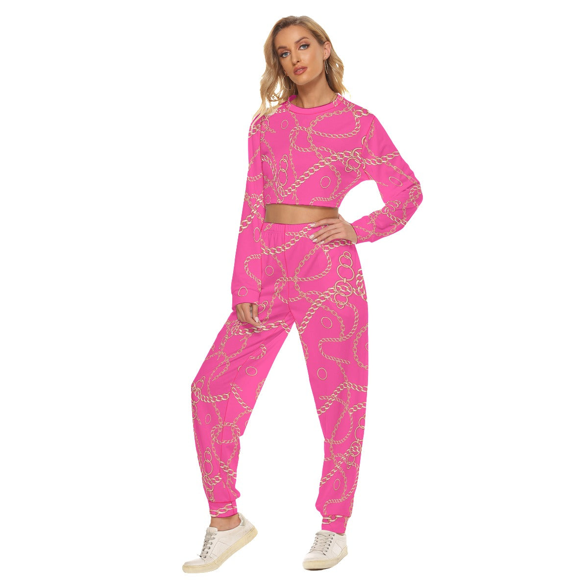 Pink & Gold Chains Women's Crop Sweatshirt Suit