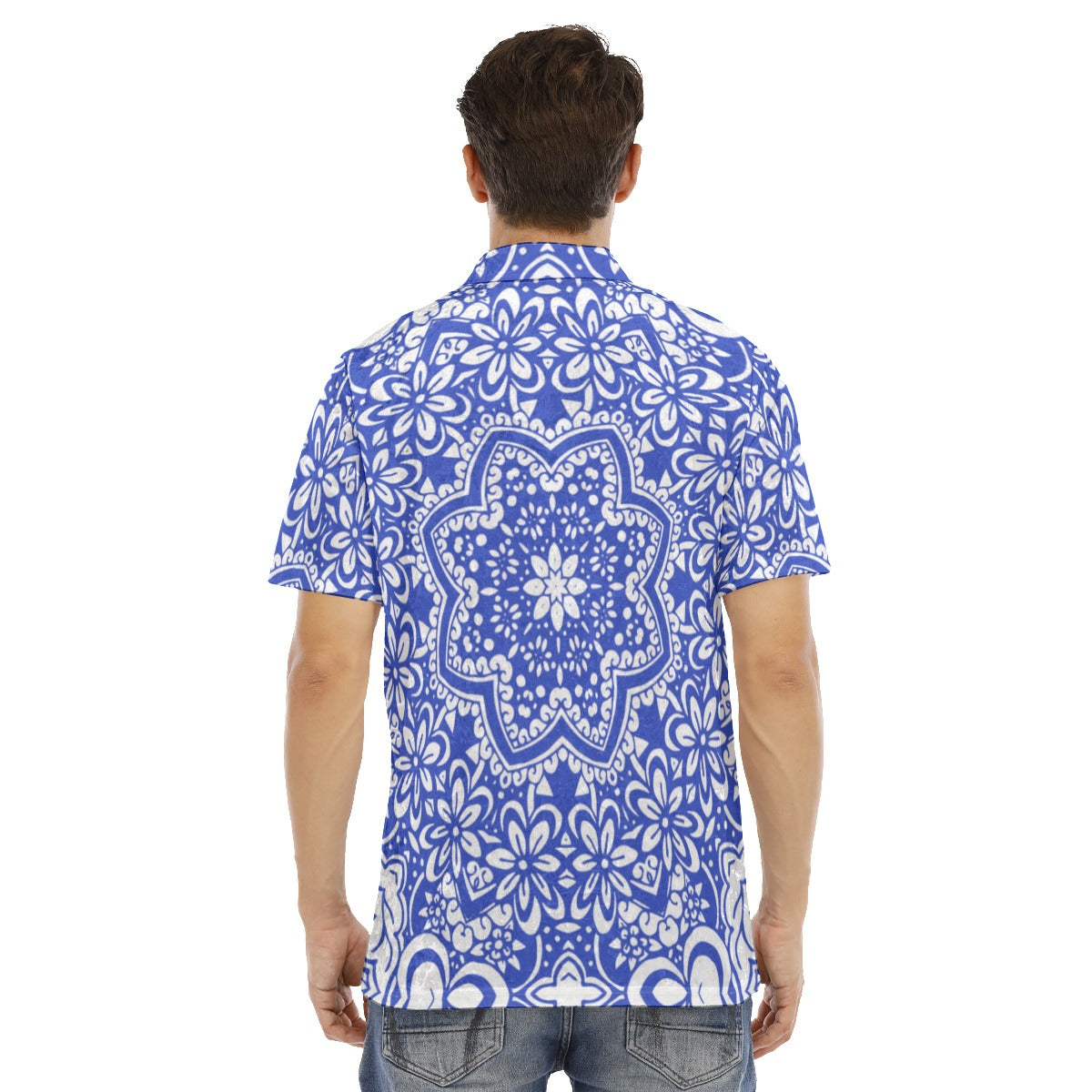 Blue Ethnic Flowers Men's Polo Shirt | Velvet