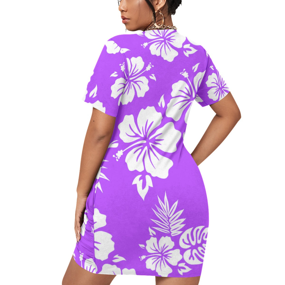 Purple Aloha Women’s Stacked Hem Dress With Short Sleeve （Plus Size）