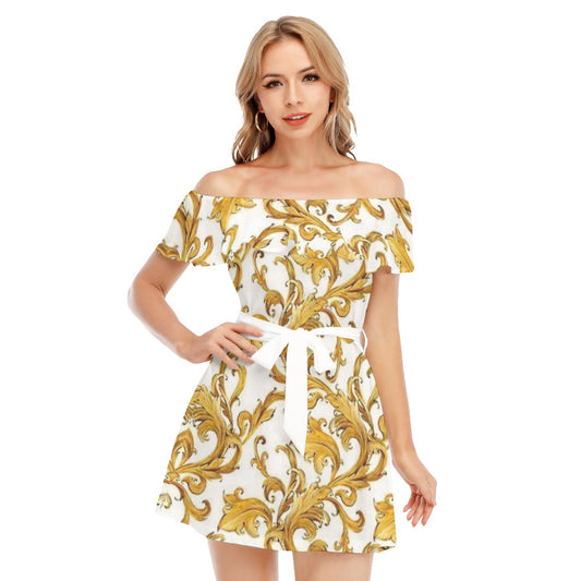 Golden Flowers White Off-shoulder Dress With Ruffle