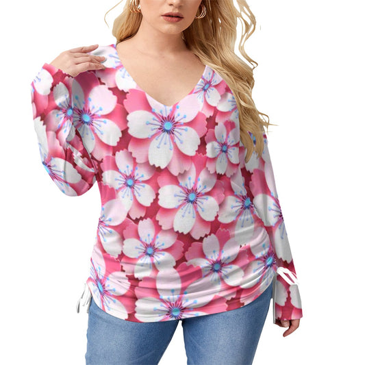 Pink With White Cherry Blossoms Women’s V-neck T-shirt With Side Drawstring(Plus Size)