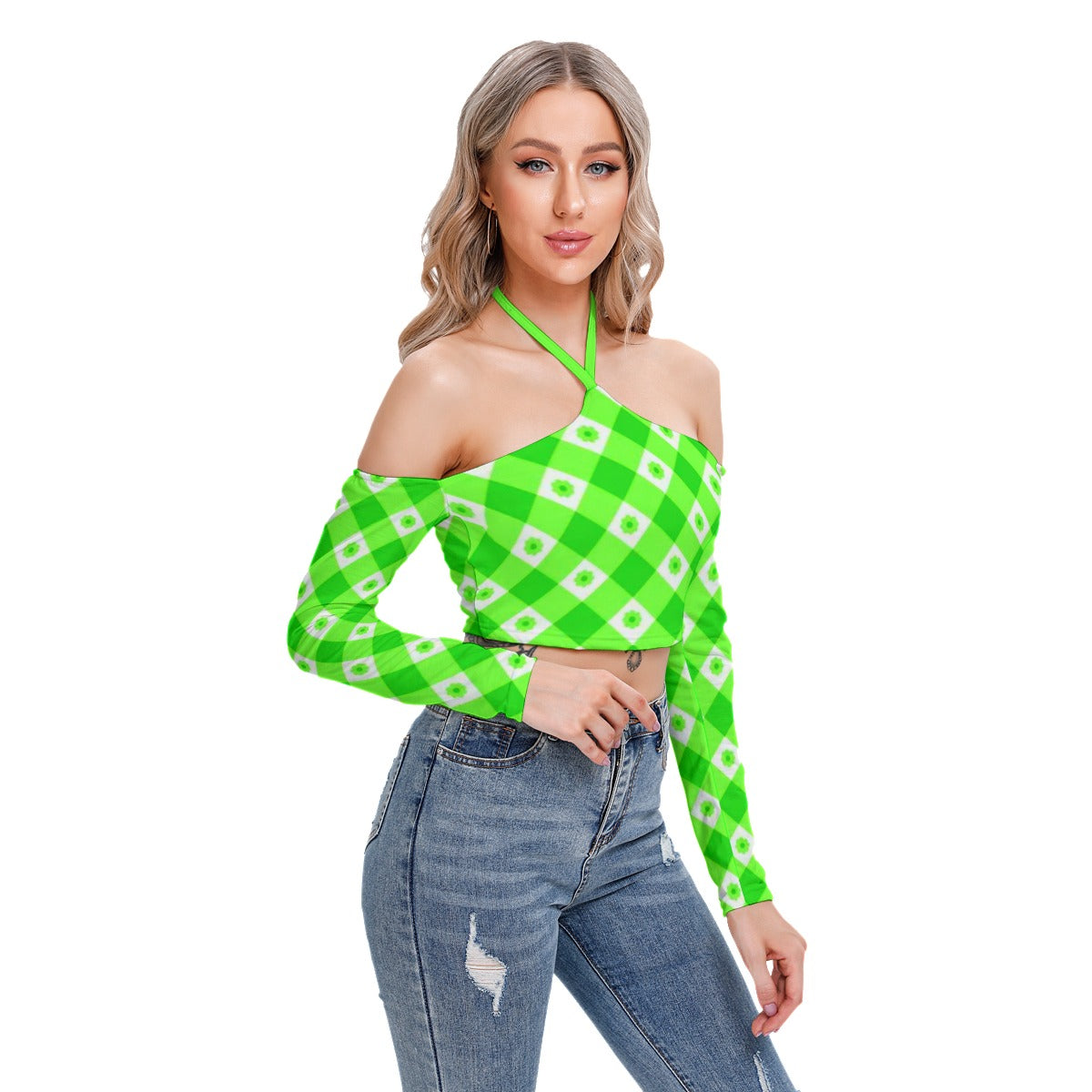 Green With White Flowers Women's Plaid Halter Lace-up Top