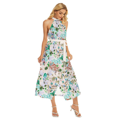 Beautiful Flowers Women's Wrap Hem Belted Halter Dress