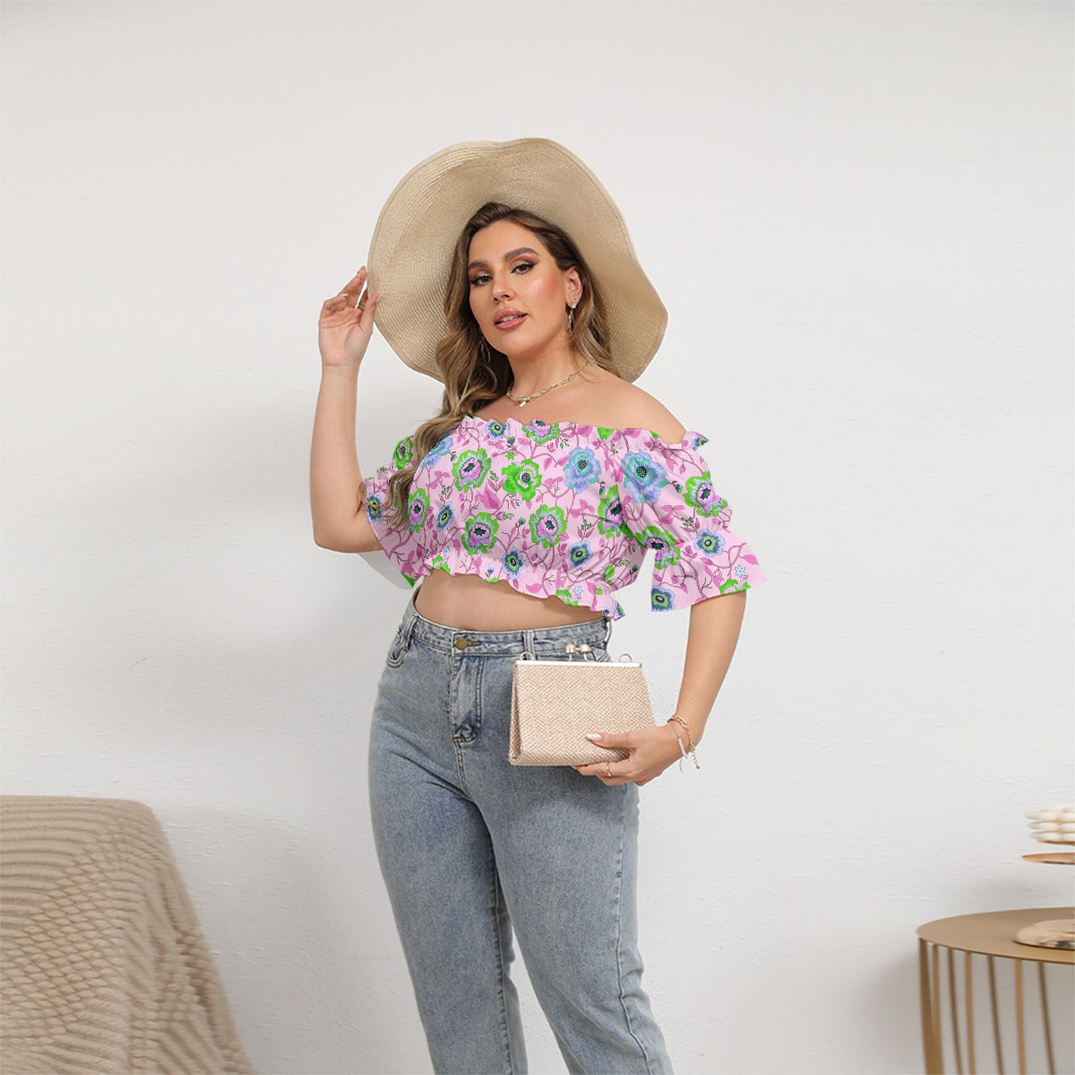 Cute Colorful Flowers Women's Off-shoulder Cropped Top With Short Puff Sleeve