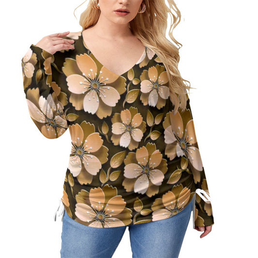 Black With Orange Cherry Blossoms Women’s V-neck T-shirt With Side Drawstring(Plus Size)