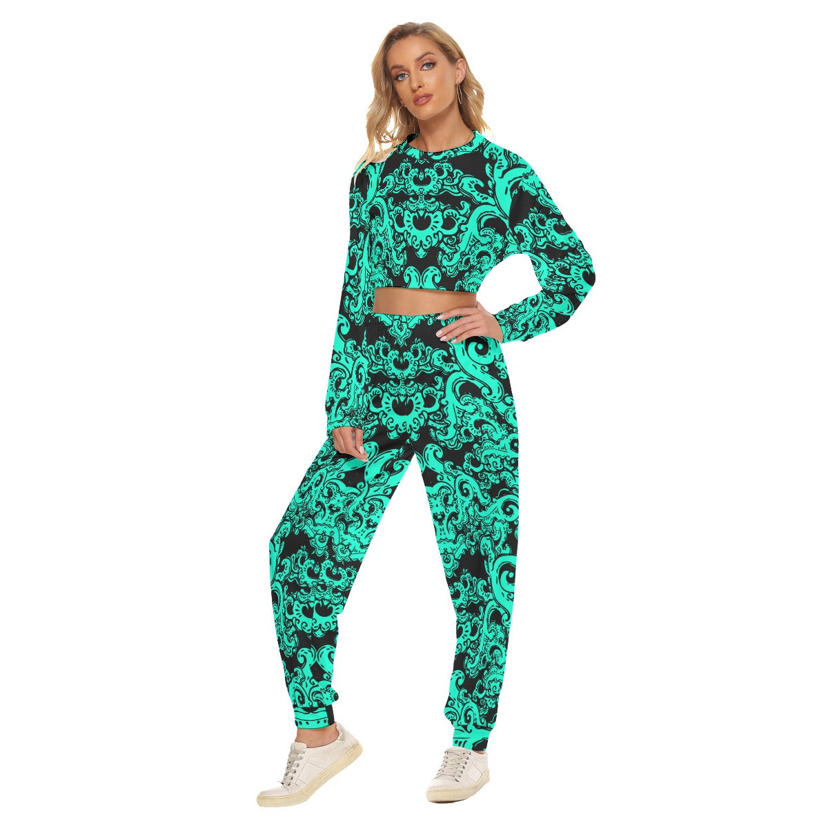 Teal & Black Baroque Pattern Women's Crop Sweatshirt Suit