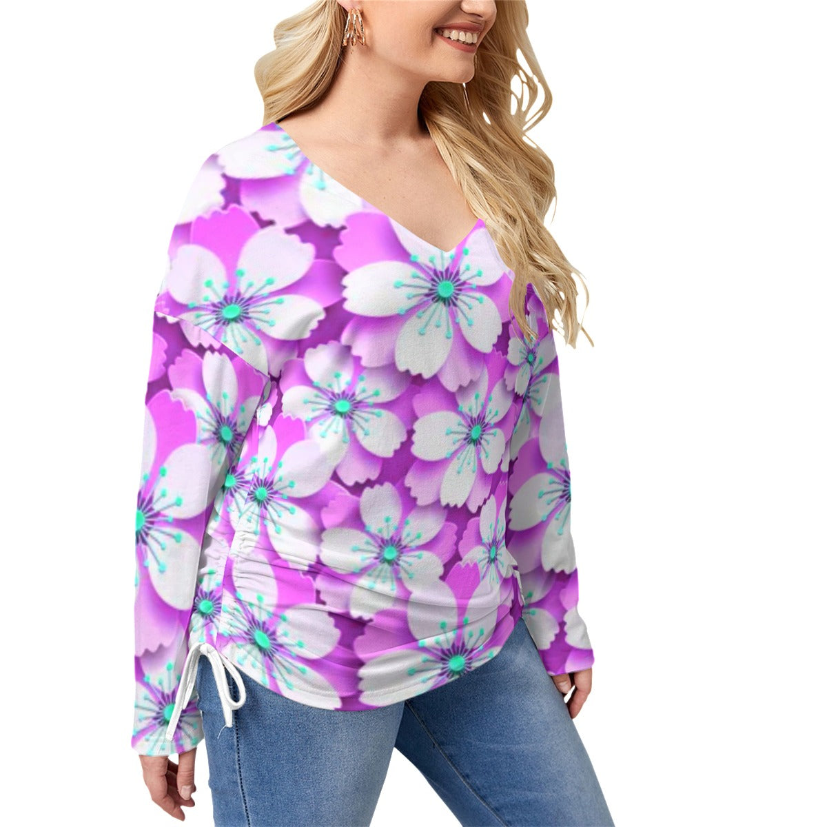 Purple With White Cherry Blossoms Women’s V-neck T-shirt With Side Drawstring(Plus Size)