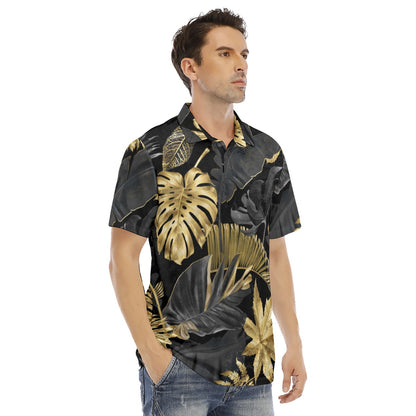 Gold & Black Tropical Leaves Men's Polo Shirt | Velvet