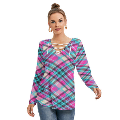 Women's Long Sleeve Colorful Plaid Neckline Tie Sweatshirt