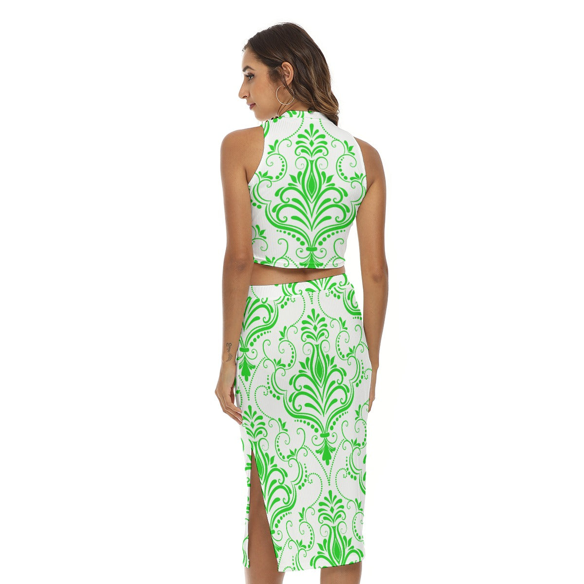 Green With White Vintage Flowers Women's Tank Top & Split High Skirt Set