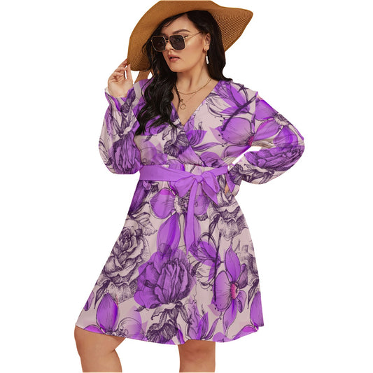 Retro Style Purple Roses Women's V-neck Dress With Waistband (Plus Size)