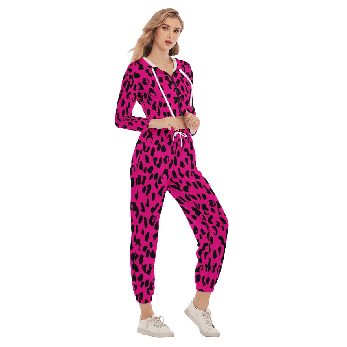 Bellafontes Pink & Black Animal Print Women's Crop Hoodie Sports Sets