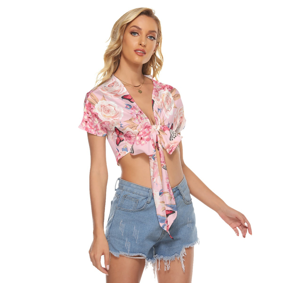 Beautiful Roses With Hydrangea & Butterflies Women's Bandage Crop Top