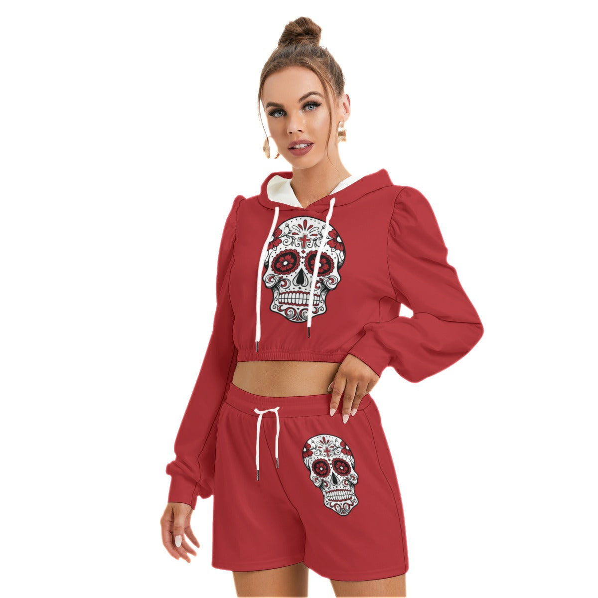 Sugar Skull Red Women's Mirco Fleece Hoodie And Shorts Set