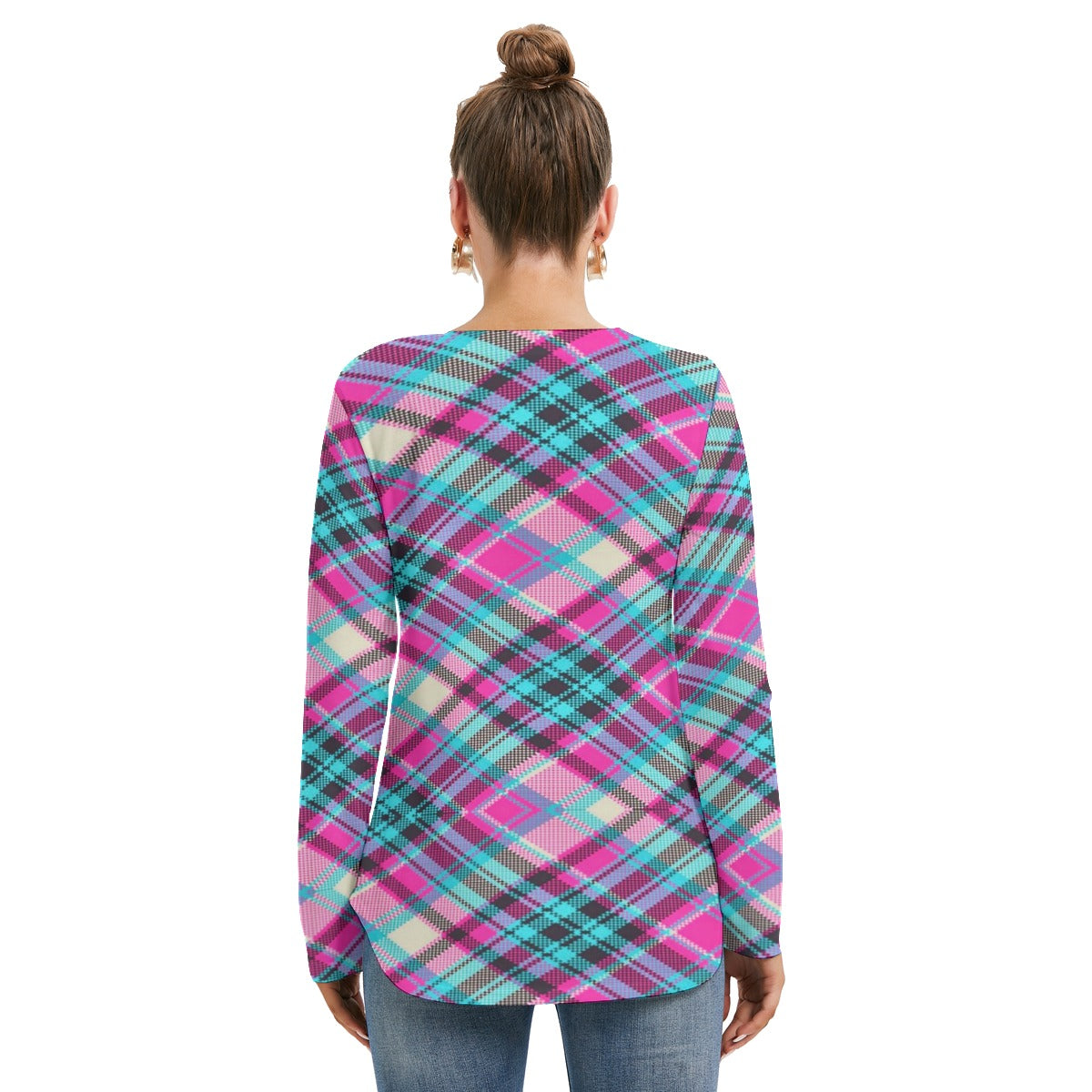 Women's Long Sleeve Colorful Plaid Neckline Tie Sweatshirt