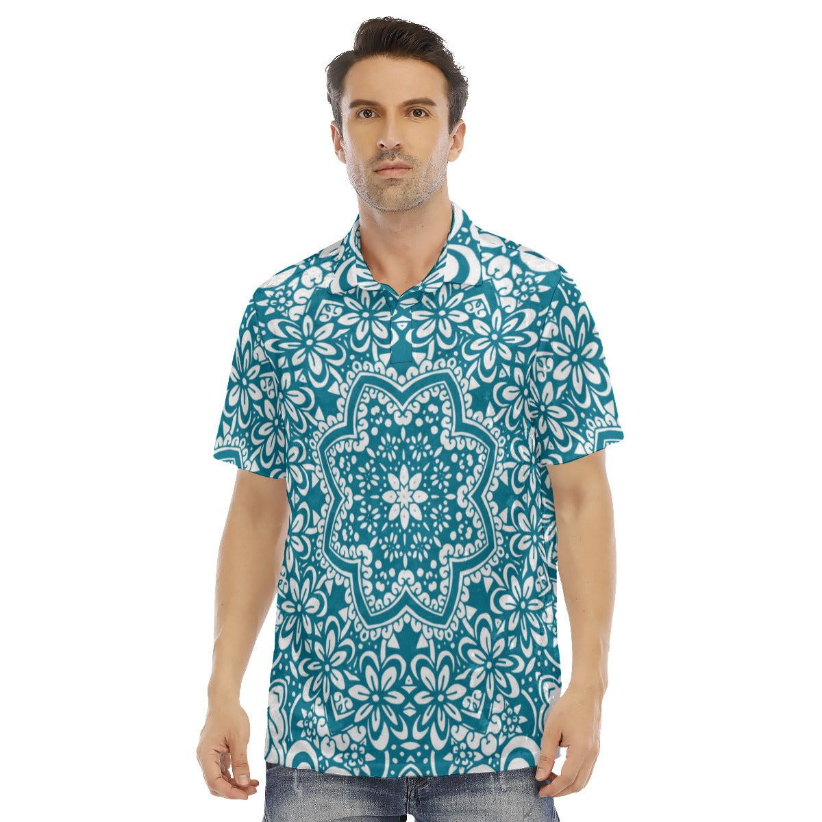 Teal Ethnic Flowers Men's Polo Shirt | Velvet