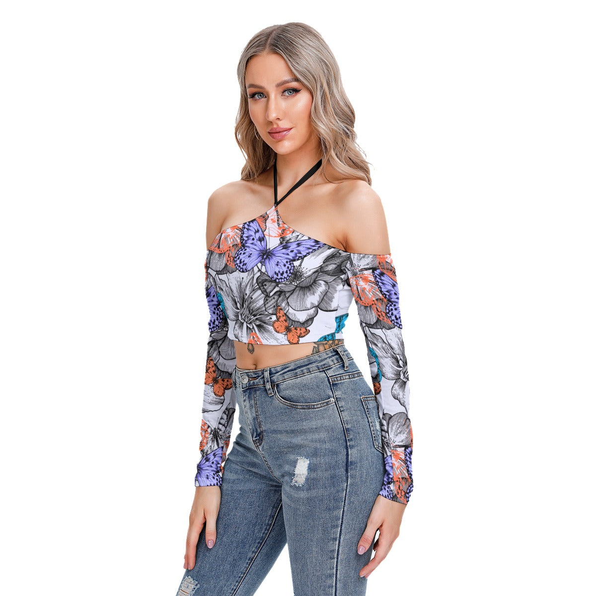 Blooming Roses & Colorful Butterflies Women's Halter Lace-up Top