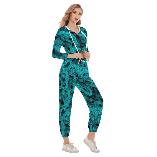 Trippy Teal & Black Noodles Women's Crop Hoodie Sports Sets