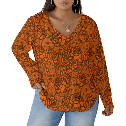 Women's Orange Lace Style Roses V-neck T-shirt With Curved Hem(Plus Size)