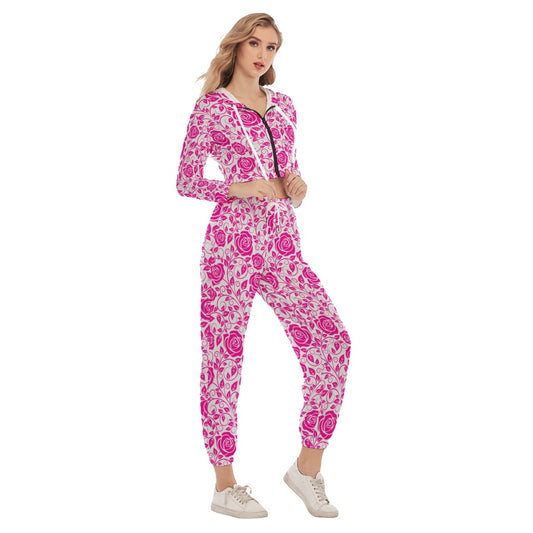 White & Pink Roses Women's Crop Hoodie Sports Sets