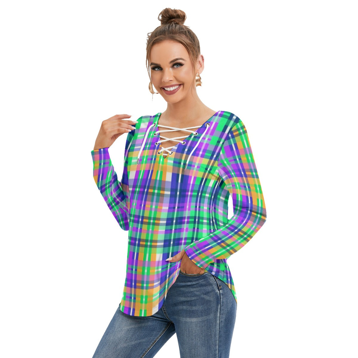 Women's Long Sleeve Colorful Plaid Neckline Tie Sweatshirt