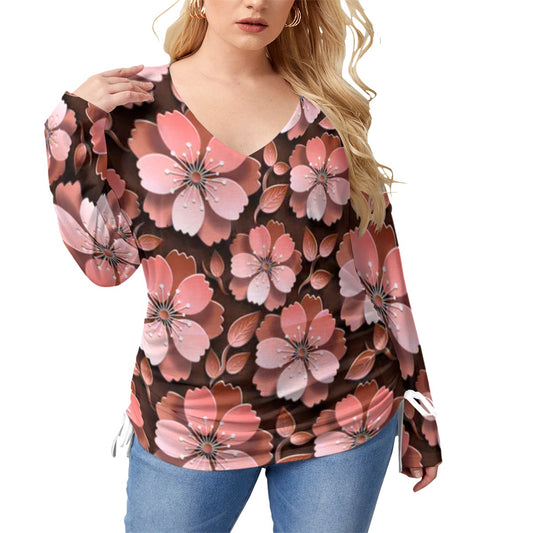 Black With Red Cherry Blossoms Women’s V-neck T-shirt With Side Drawstring(Plus Size)