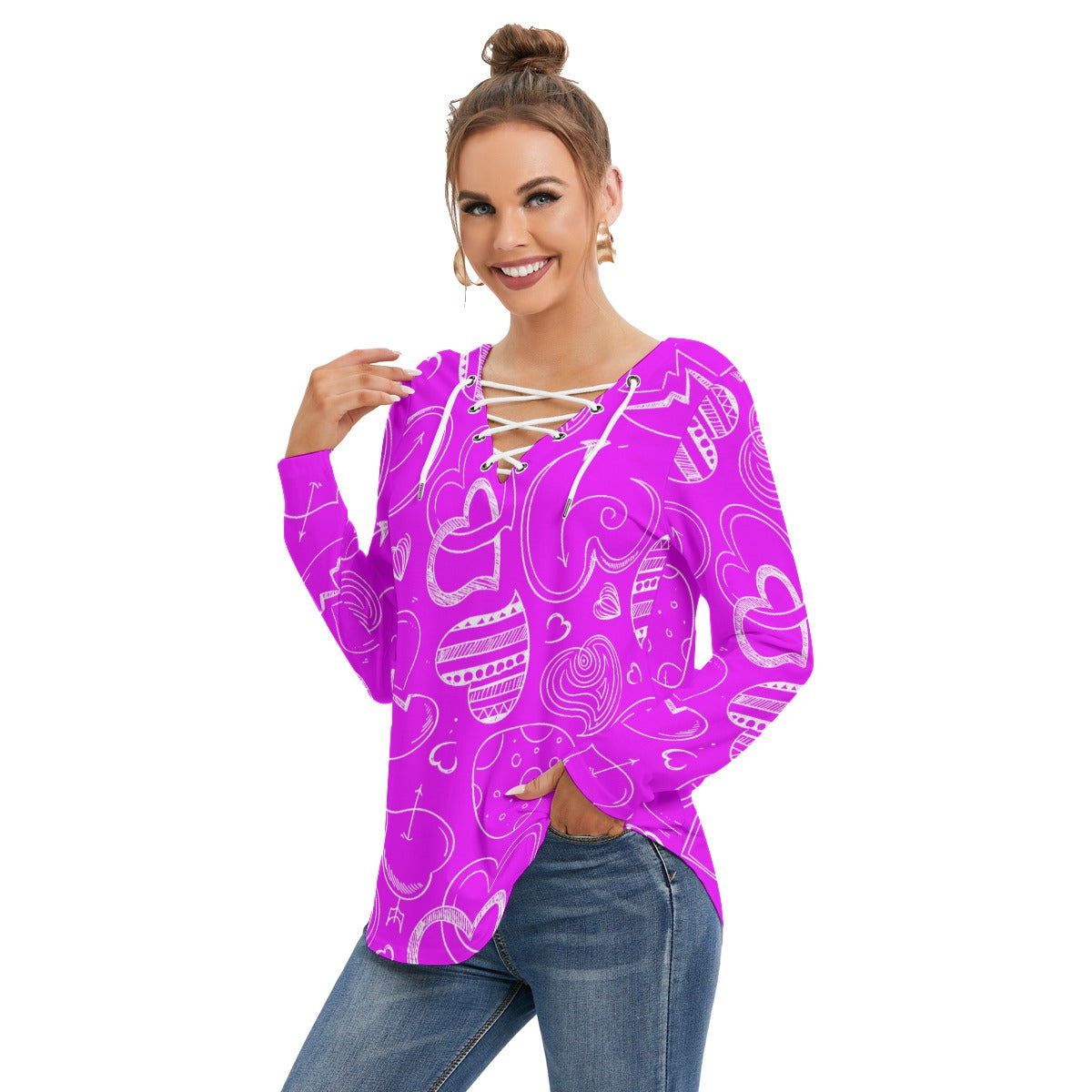 Purple With White Doodle Hearts Women's Long Sleeve Neckline Tie Sweatshirt