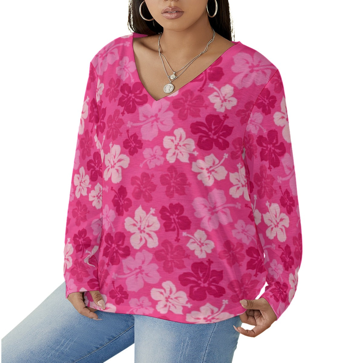 Women's Tropical Hawaiian Hibiscus Flowers V-neck T-shirt With Curved Hem(Plus Size)