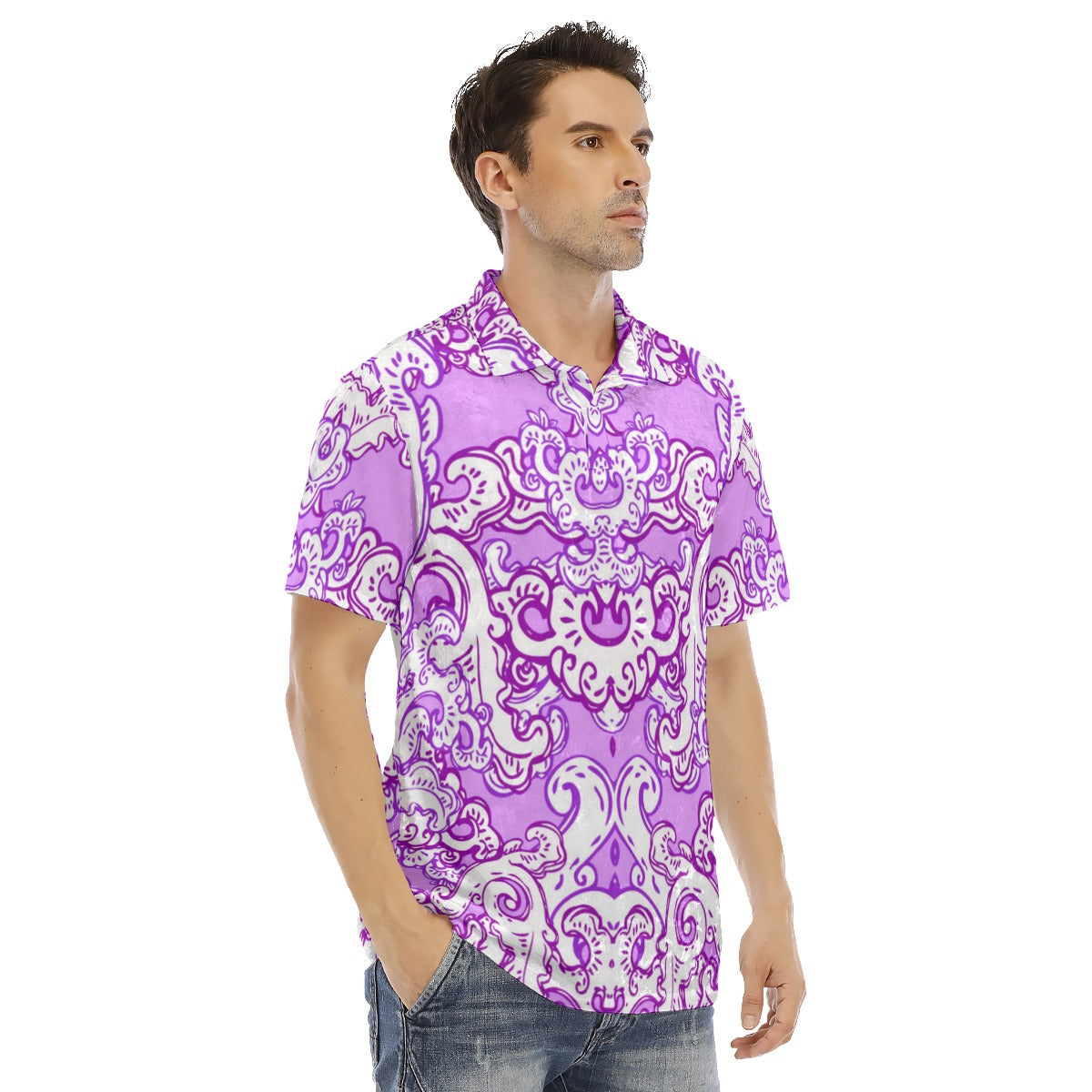 Purple & White Baroque Pattern Men's Polo Shirt | Velvet