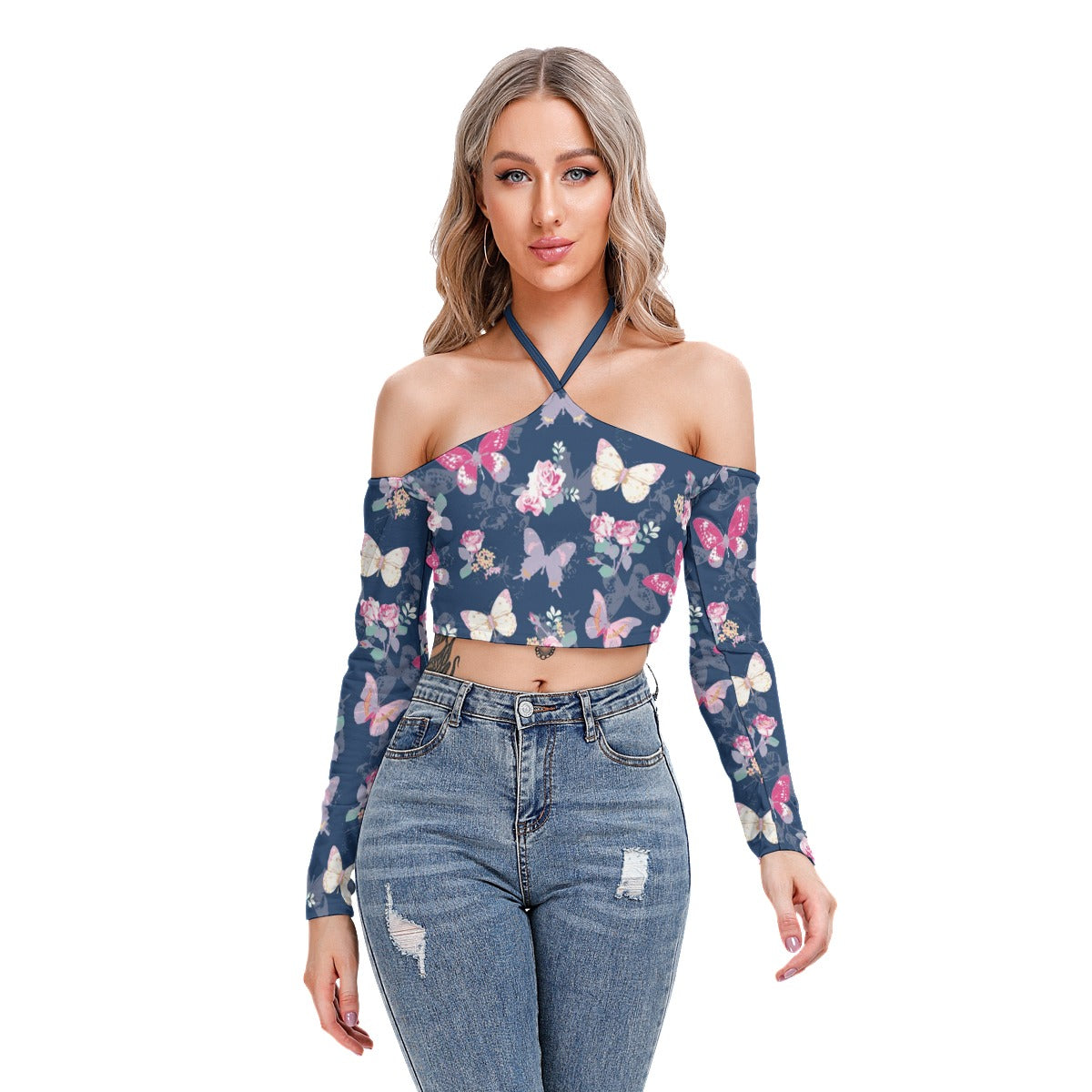 Pink & White Butterflies Women's Halter Lace-up Top