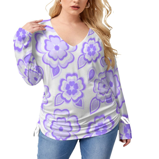 Purple Sakura Flowers & Leaves Women’s V-neck T-shirt With Side Drawstring(Plus Size)