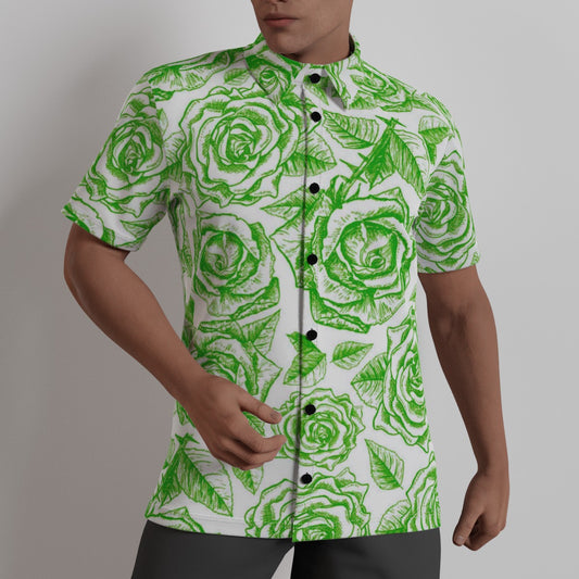 Green & White Roses Men's Button Up