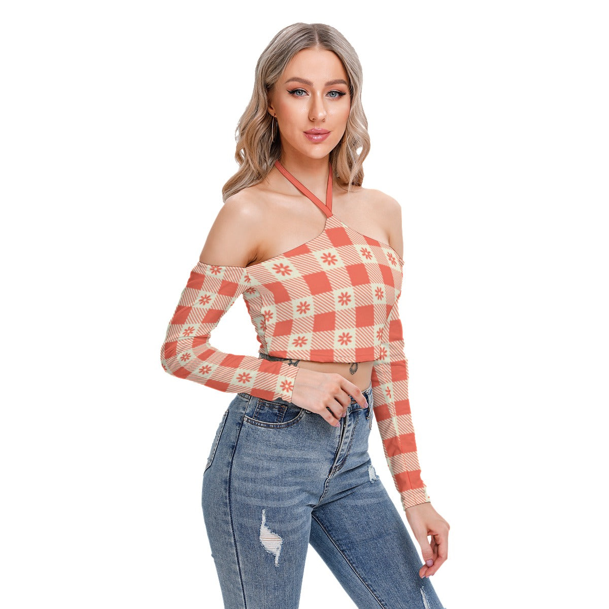 White With Orange Flowers Women's Plaid Halter Lace-up Top