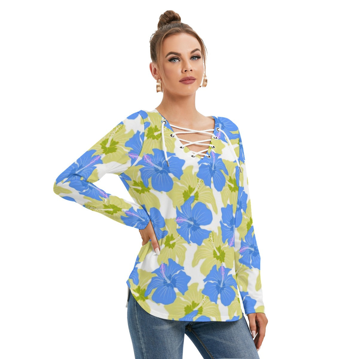 Tropical Flowers Women's Long Sleeve Neckline Tie Sweatshirt