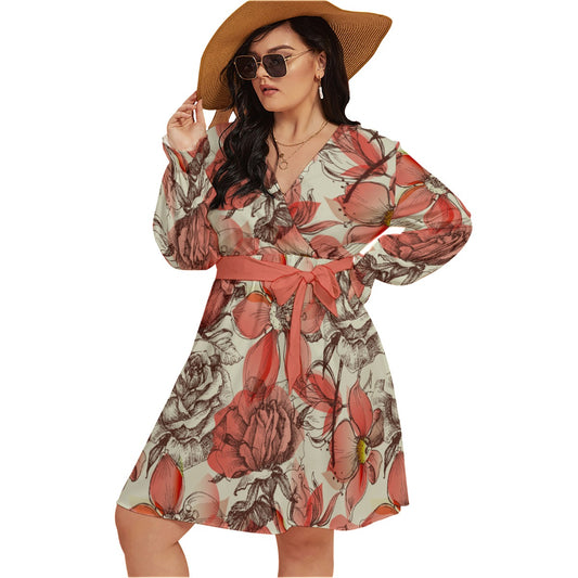 Retro Style Red Roses Women's V-neck Dress With Waistband (Plus Size)