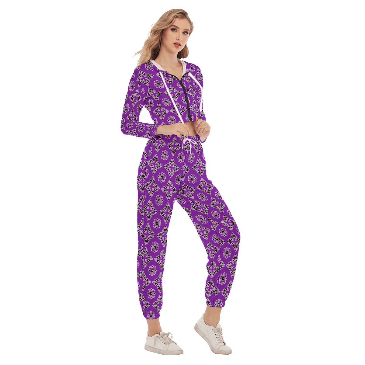 Purple Ethnic Tribal Women's Crop Hoodie Sports Sets