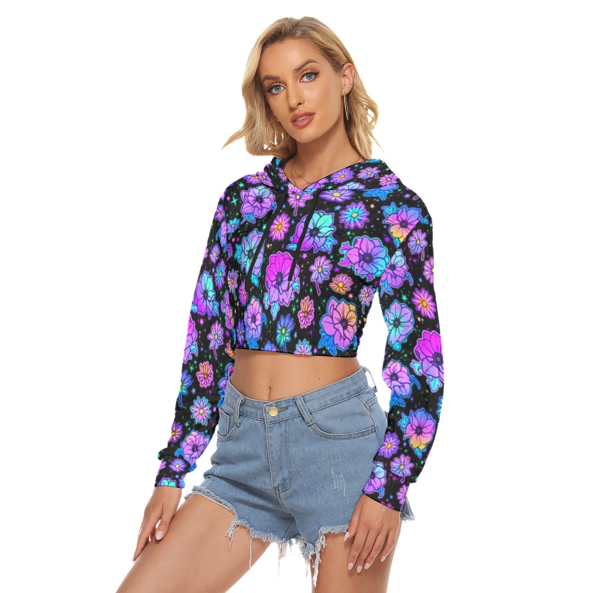 Colorful Flowers Women's Crop Top Hoodie|Velvet