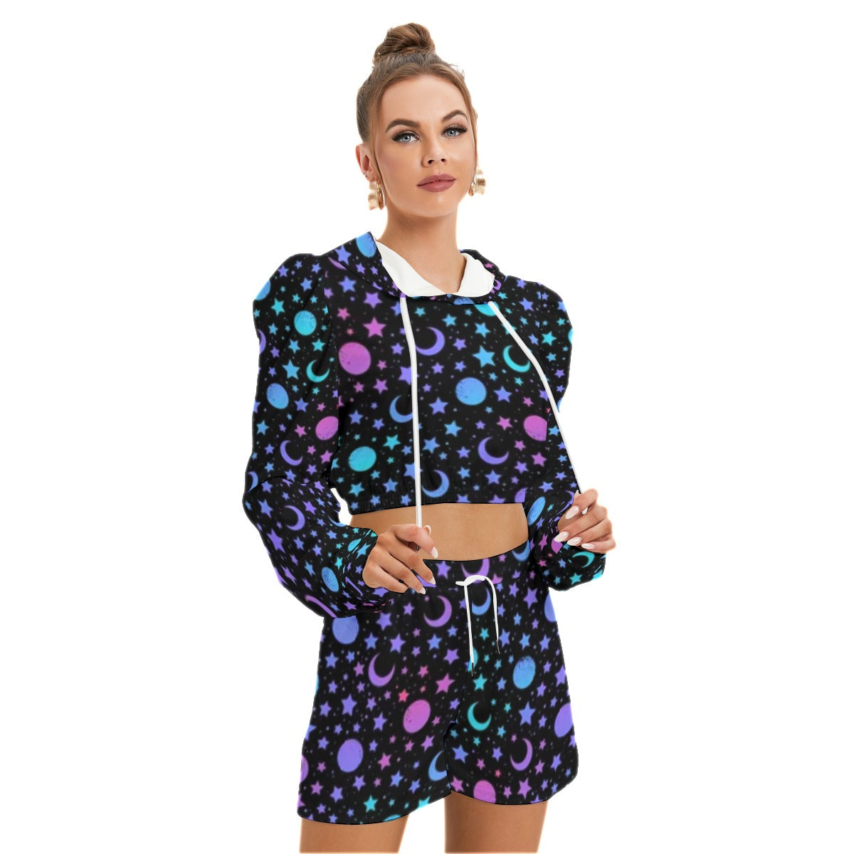 Mystical Pattern With Moon & Stars Women's Mirco Fleece Hoodie And Shorts Set