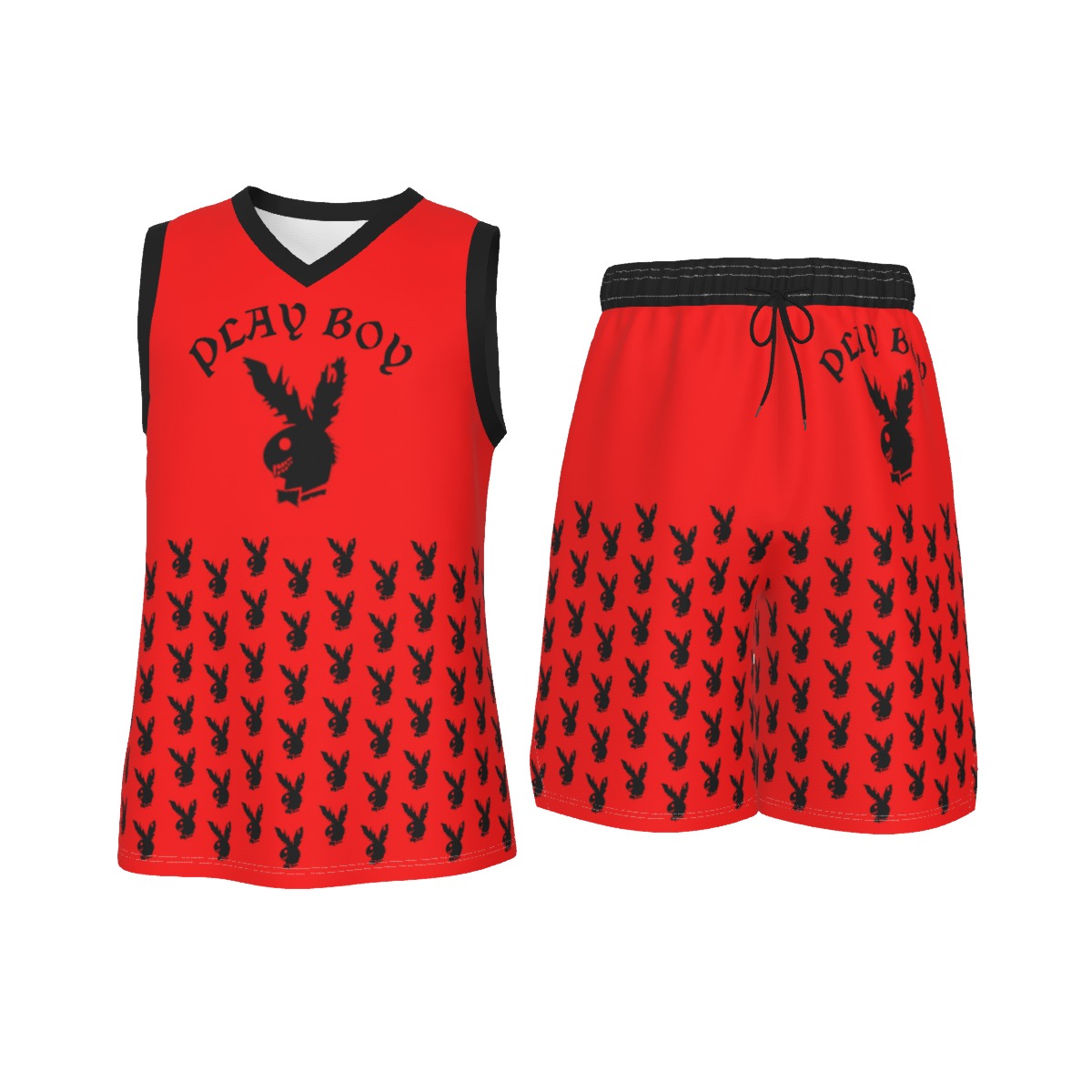 Red & Black Play Boy Men's V Neck Basketball Suit