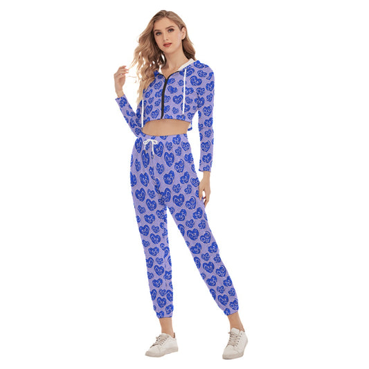 Cute Blue Hearts Women's Crop Hoodie Sports Sets