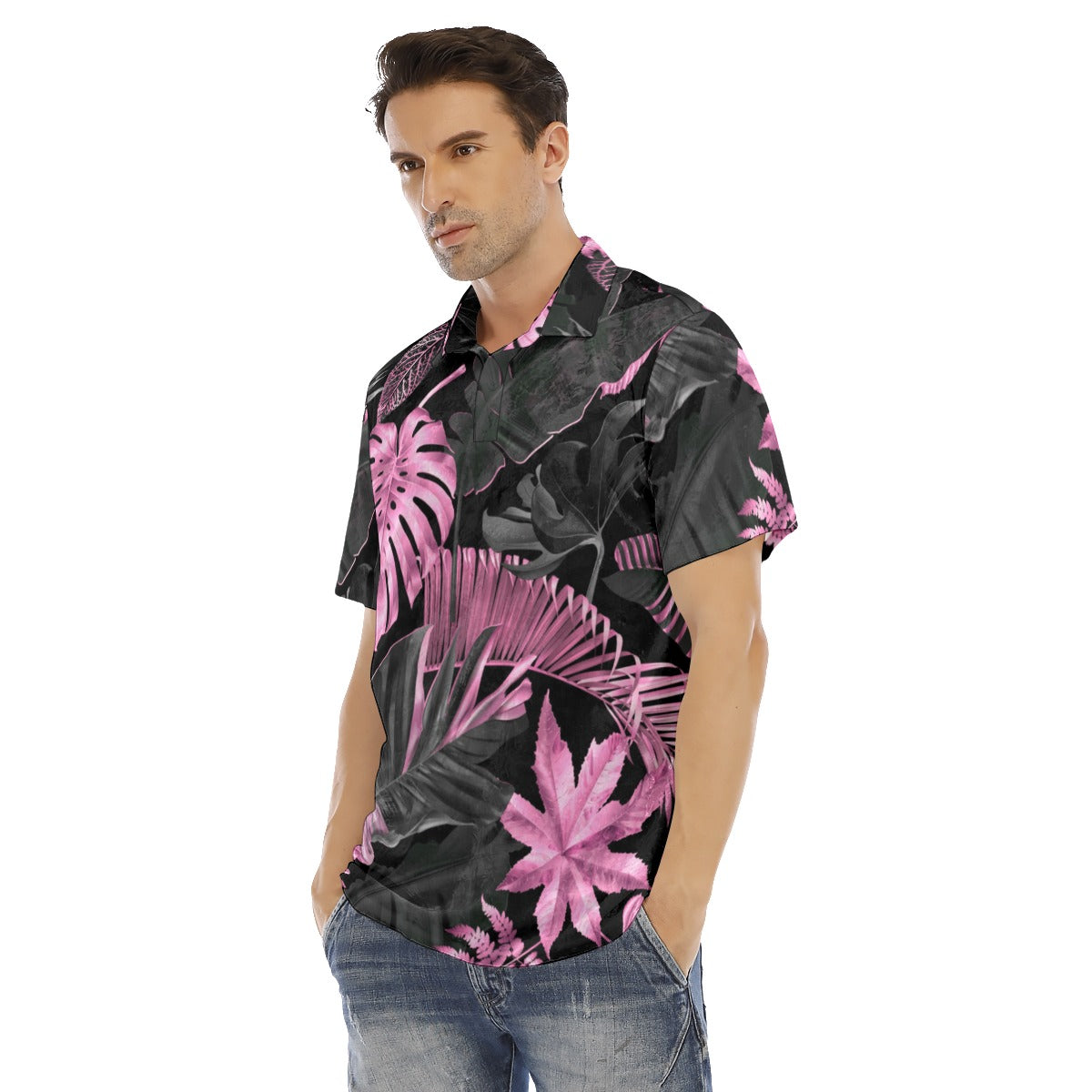 Pink & Black Tropical Leaves Men's Polo Shirt | Velvet