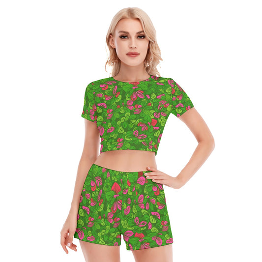 Green With Pink Leaves Women's Short Sleeve Cropped Top Shorts Suit