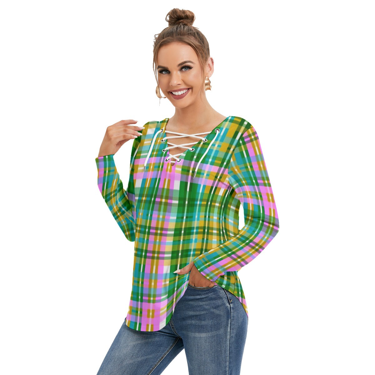 Women's Long Sleeve Colorful Plaid Neckline Tie Sweatshirt