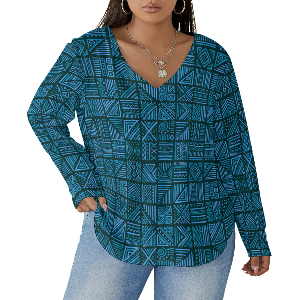 African Vibes Women's V-neck T-shirt With Curved Hem(Plus Size)