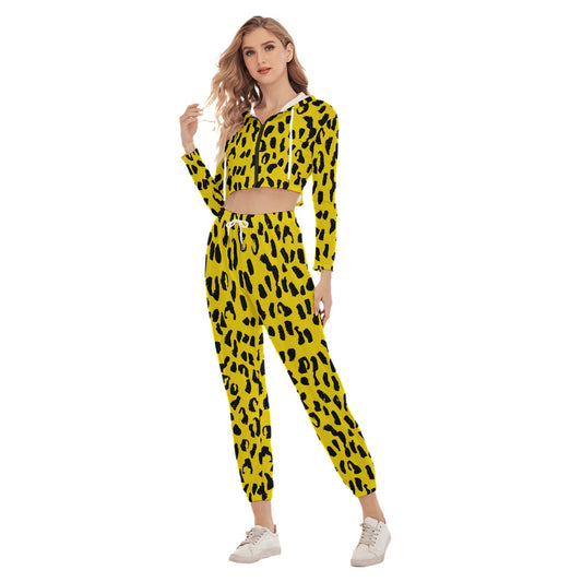 Bellafontes Yellow & Black Animal Print Women's Crop Hoodie Sports Sets