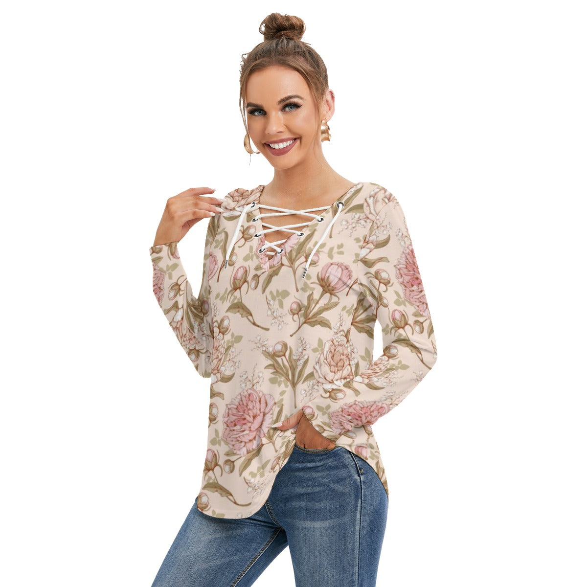 Cute Peonies Women's Long Sleeve Neckline Tie Sweatshirt