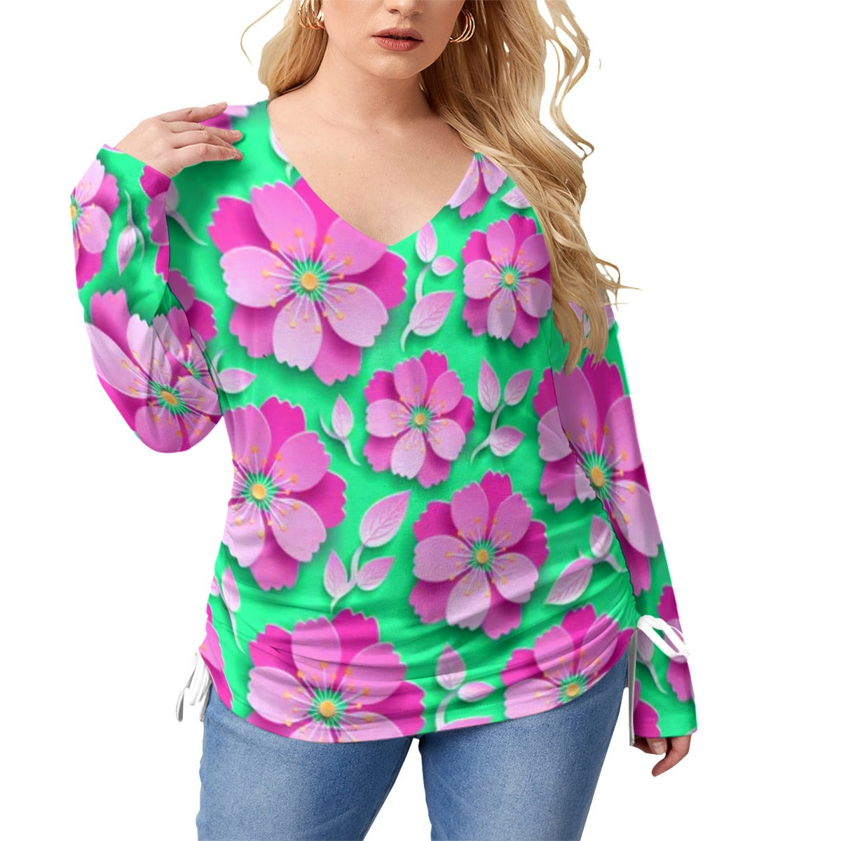 Teal With Pink Cherry Blossoms Women’s V-neck T-shirt With Side Drawstring(Plus Size)