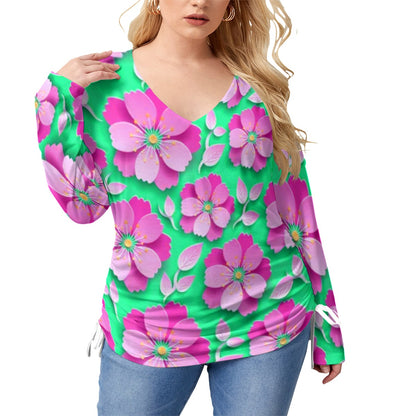 Teal With Pink Cherry Blossoms Women’s V-neck T-shirt With Side Drawstring(Plus Size)