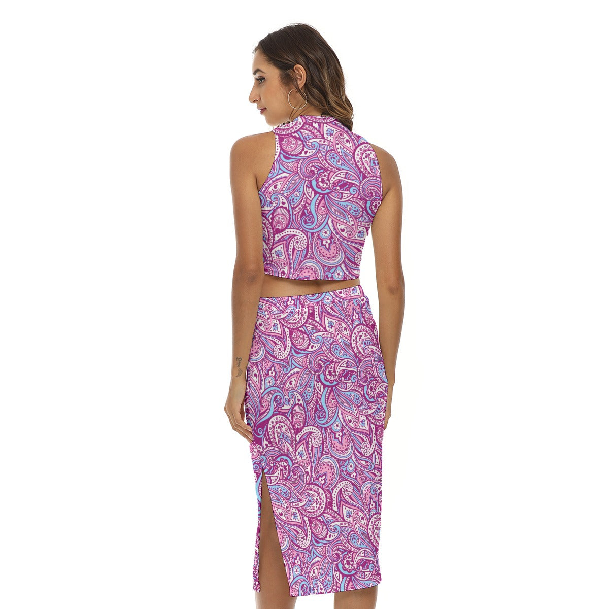 Colorful Paisley Pattern Women's Tank Top & Split High Skirt Set