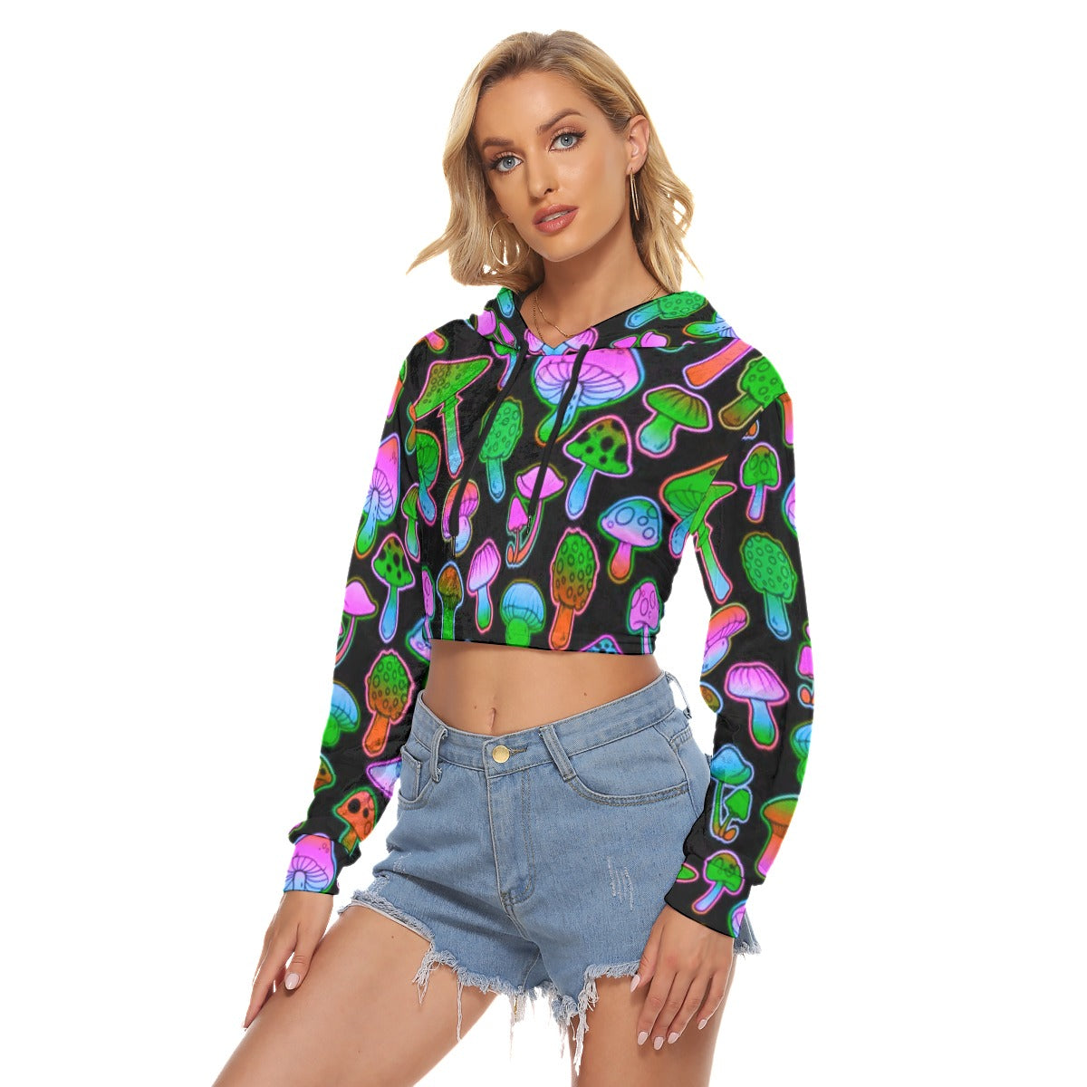 Colorful Trippy Shrooms Women's Crop Top Hoodie|Velvet